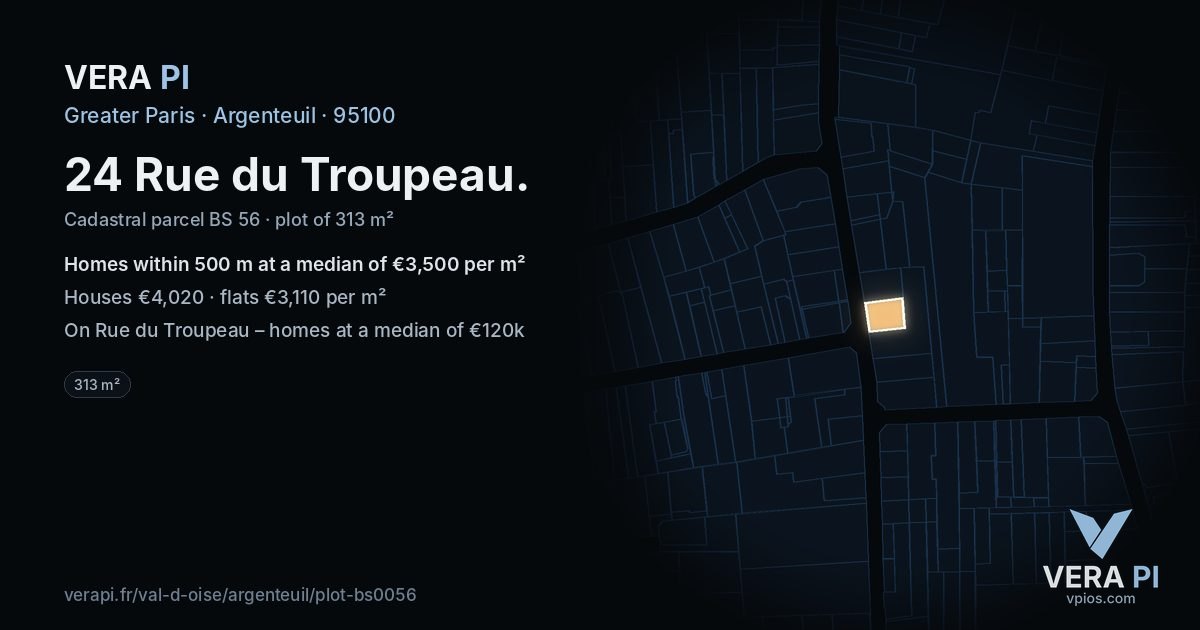 24 Rue du Troupeau, Argenteuil at night – the plot lit, the parcels around coloured by the prices near them