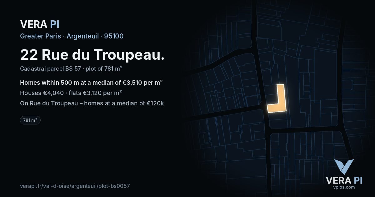 22 Rue du Troupeau, Argenteuil at night – the plot lit, the parcels around coloured by the prices near them