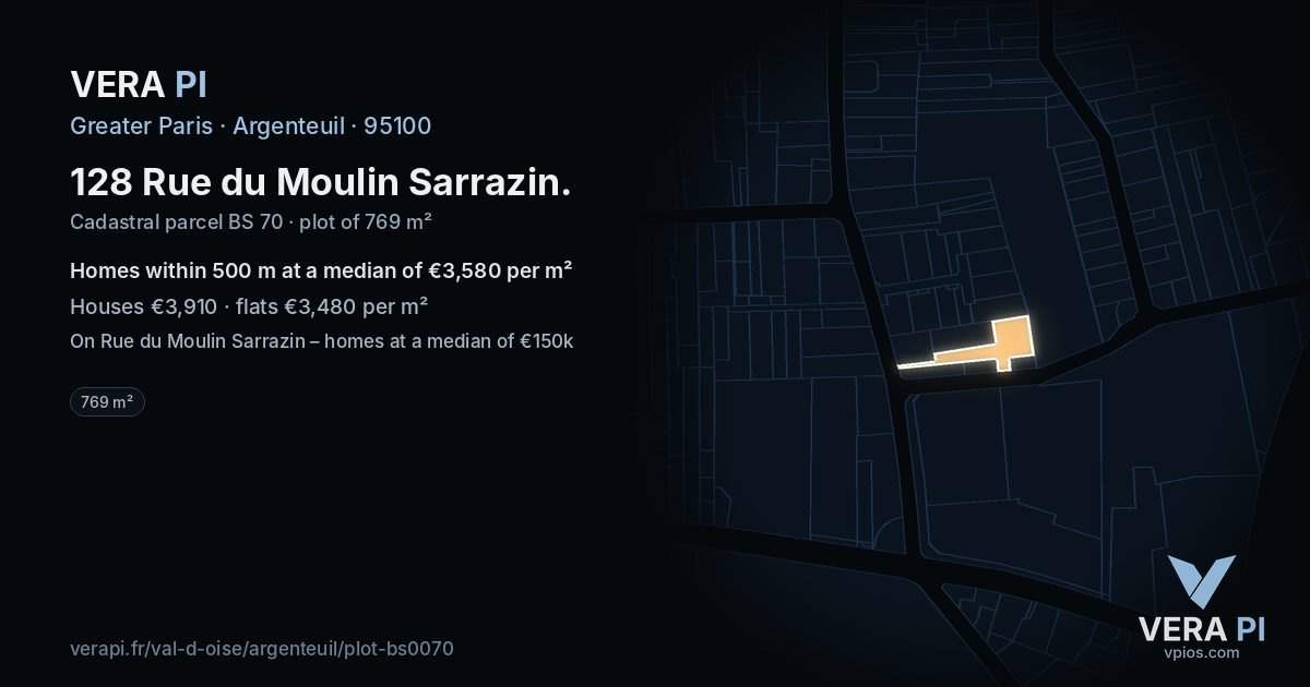 128 Rue du Moulin Sarrazin, Argenteuil at night – the plot lit, the parcels around coloured by the prices near them