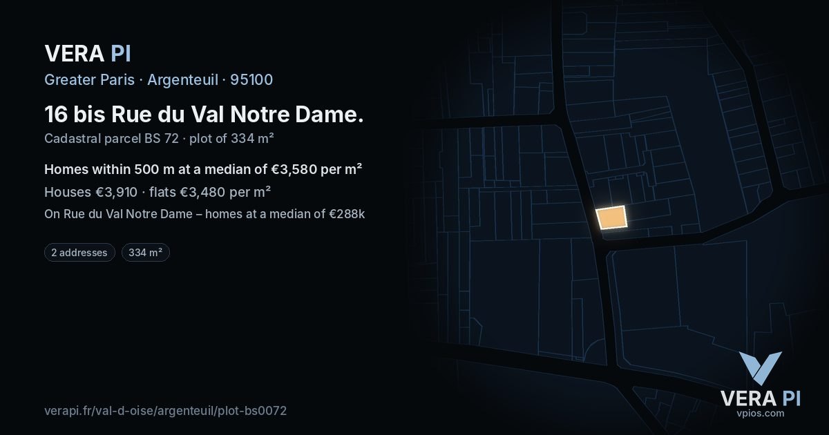 16 bis Rue du Val Notre Dame, Argenteuil at night – the plot lit, the parcels around coloured by the prices near them