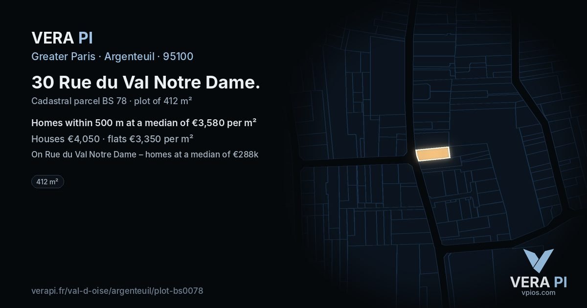 30 Rue du Val Notre Dame, Argenteuil at night – the plot lit, the parcels around coloured by the prices near them