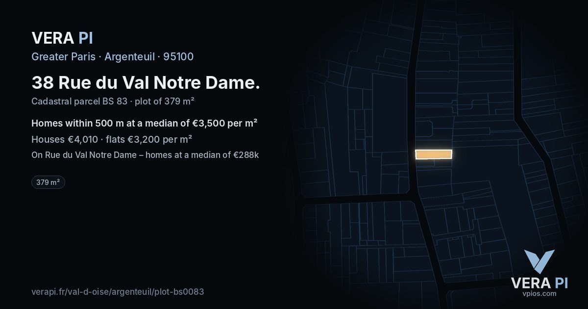 38 Rue du Val Notre Dame, Argenteuil at night – the plot lit, the parcels around coloured by the prices near them