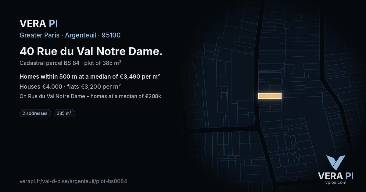 40 Rue du Val Notre Dame, Argenteuil at night – the plot lit, the parcels around coloured by the prices near them