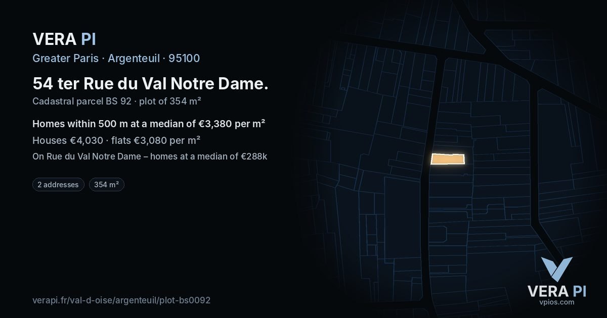 54 ter Rue du Val Notre Dame, Argenteuil at night – the plot lit, the parcels around coloured by the prices near them