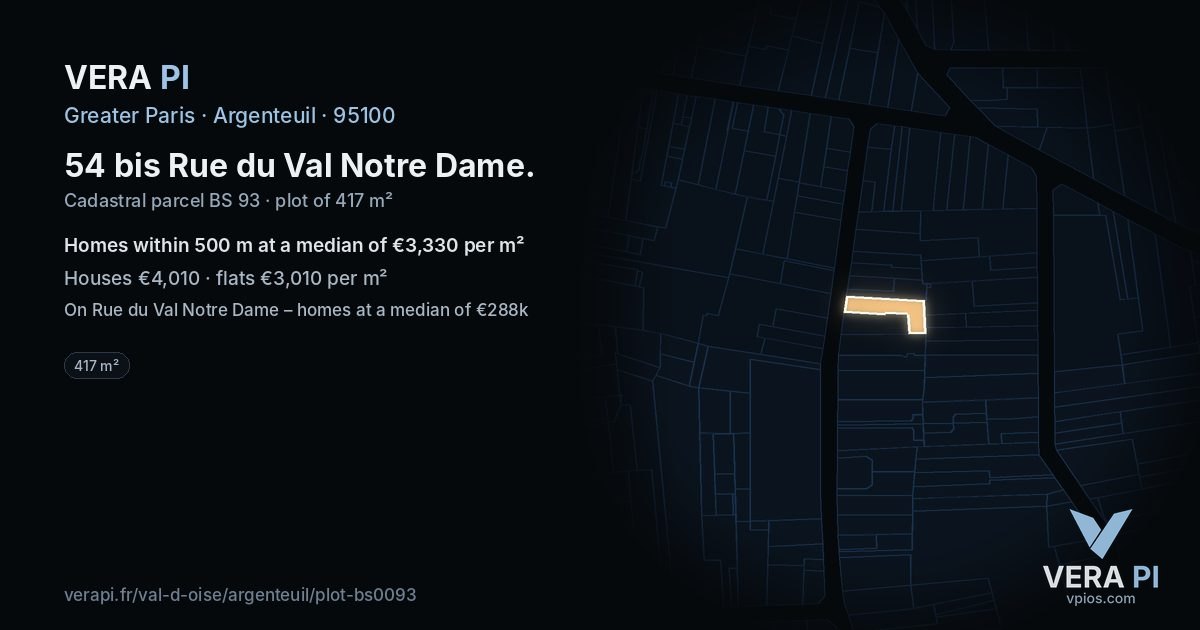 54 bis Rue du Val Notre Dame, Argenteuil at night – the plot lit, the parcels around coloured by the prices near them