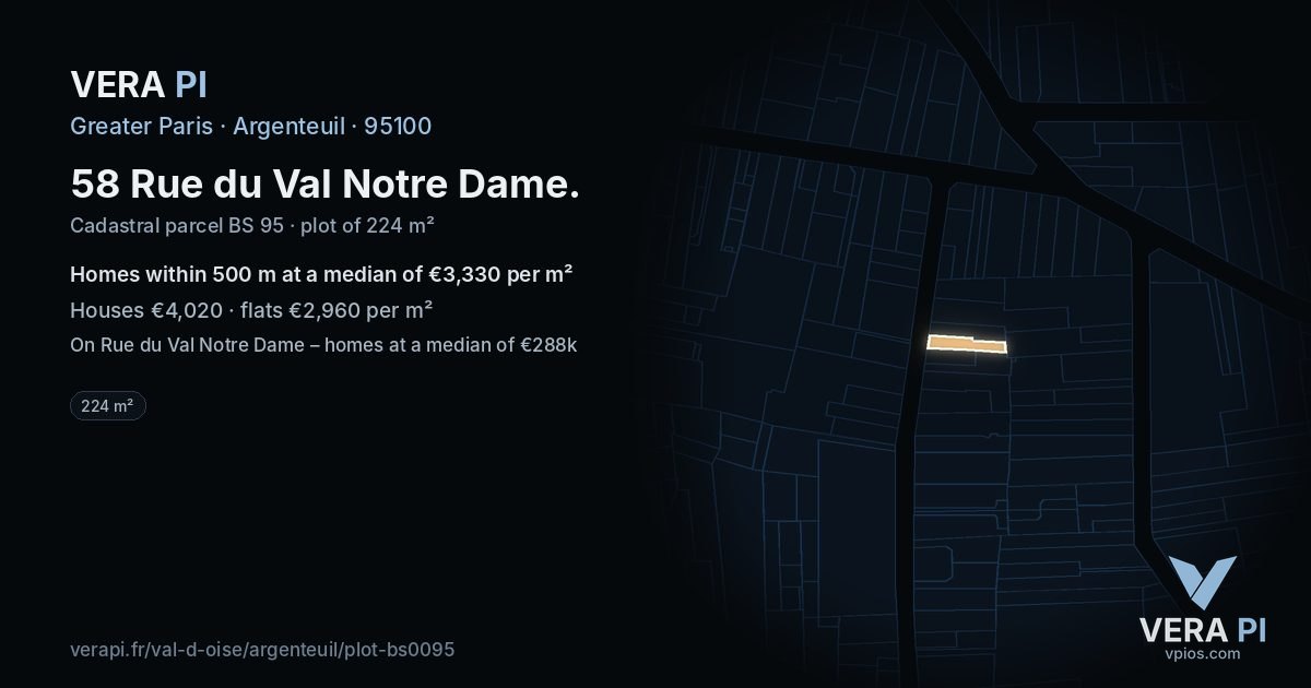 58 Rue du Val Notre Dame, Argenteuil at night – the plot lit, the parcels around coloured by the prices near them