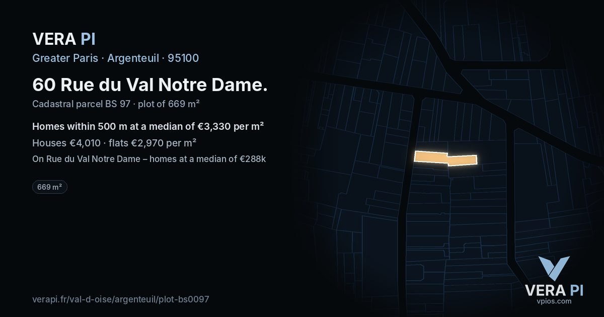 60 Rue du Val Notre Dame, Argenteuil at night – the plot lit, the parcels around coloured by the prices near them