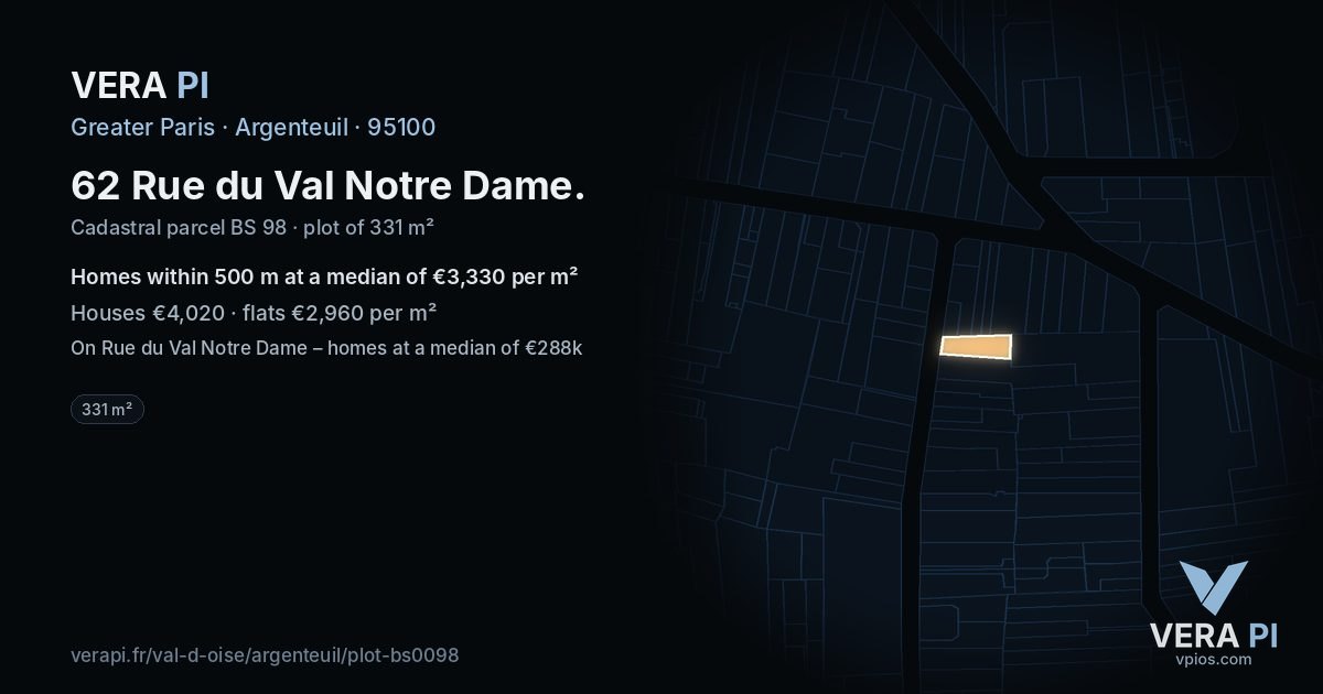 62 Rue du Val Notre Dame, Argenteuil at night – the plot lit, the parcels around coloured by the prices near them
