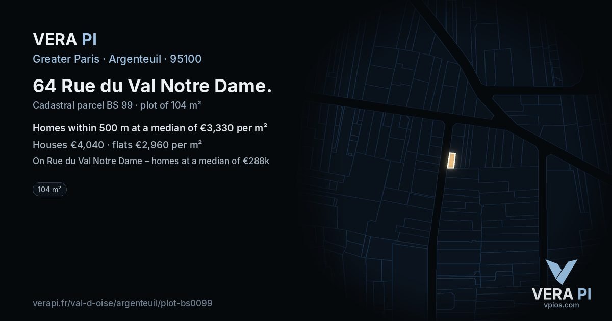 64 Rue du Val Notre Dame, Argenteuil at night – the plot lit, the parcels around coloured by the prices near them