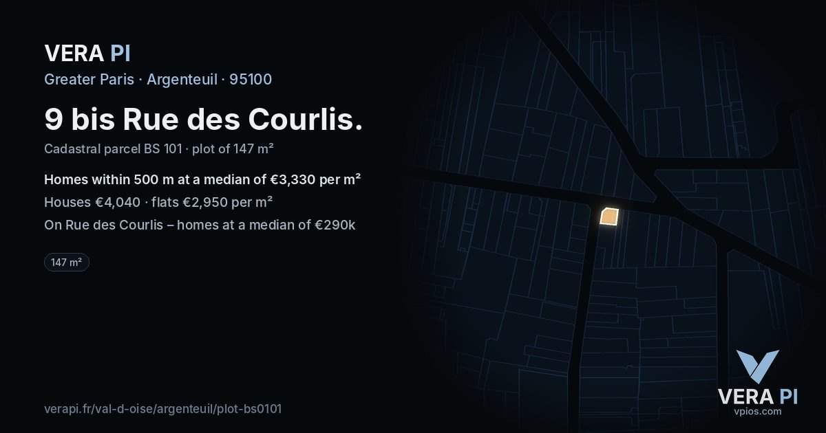 9 bis Rue des Courlis, Argenteuil at night – the plot lit, the parcels around coloured by the prices near them