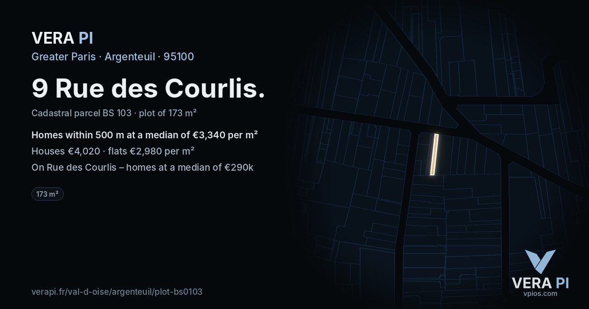 9 Rue des Courlis, Argenteuil at night – the plot lit, the parcels around coloured by the prices near them