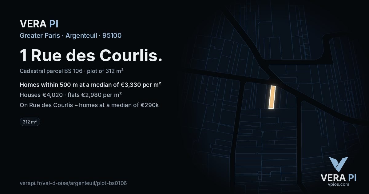 1 Rue des Courlis, Argenteuil at night – the plot lit, the parcels around coloured by the prices near them