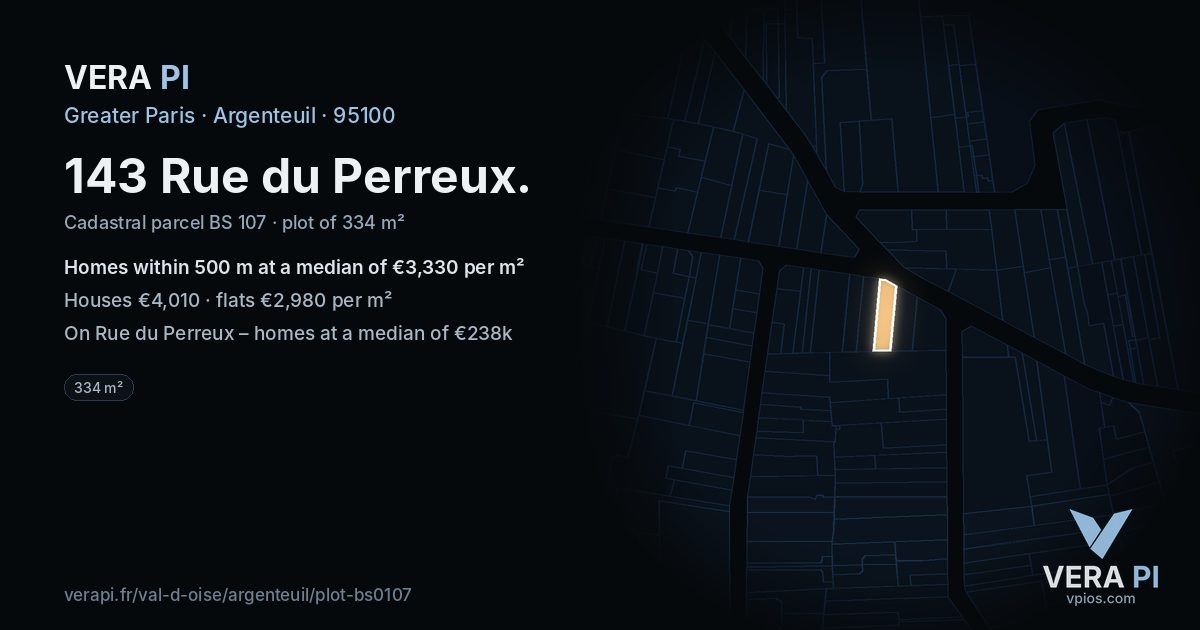 143 Rue du Perreux, Argenteuil at night – the plot lit, the parcels around coloured by the prices near them