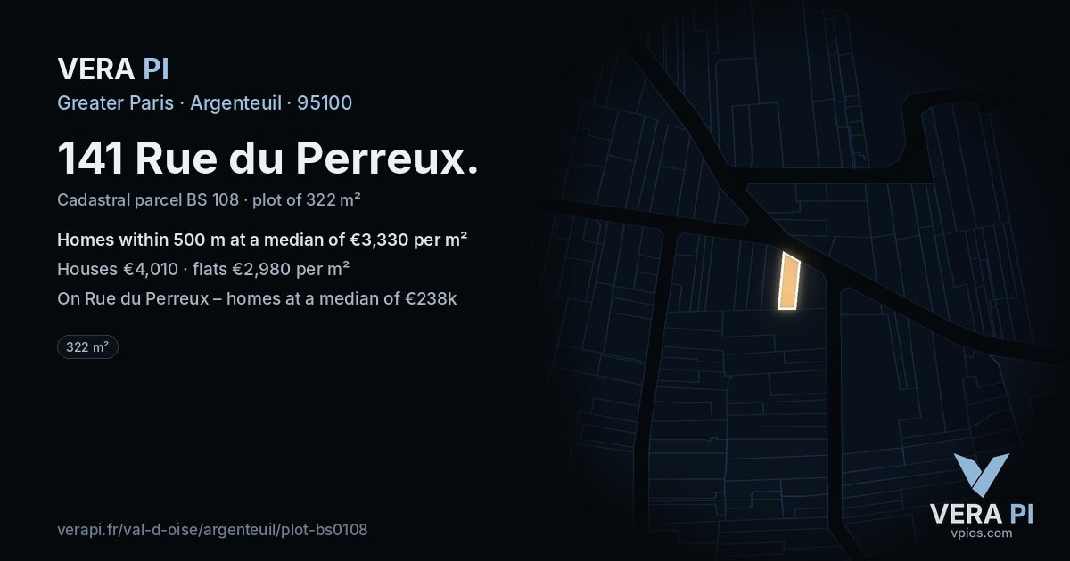 141 Rue du Perreux, Argenteuil at night – the plot lit, the parcels around coloured by the prices near them