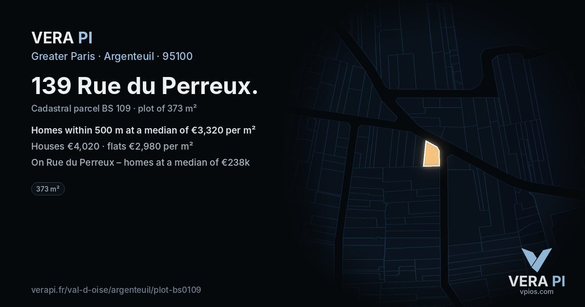 139 Rue du Perreux, Argenteuil at night – the plot lit, the parcels around coloured by the prices near them