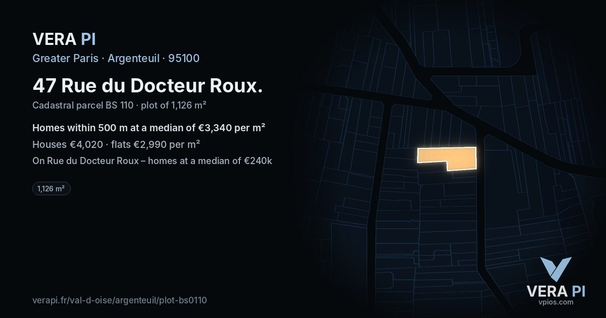 47 Rue du Docteur Roux, Argenteuil at night – the plot lit, the parcels around coloured by the prices near them