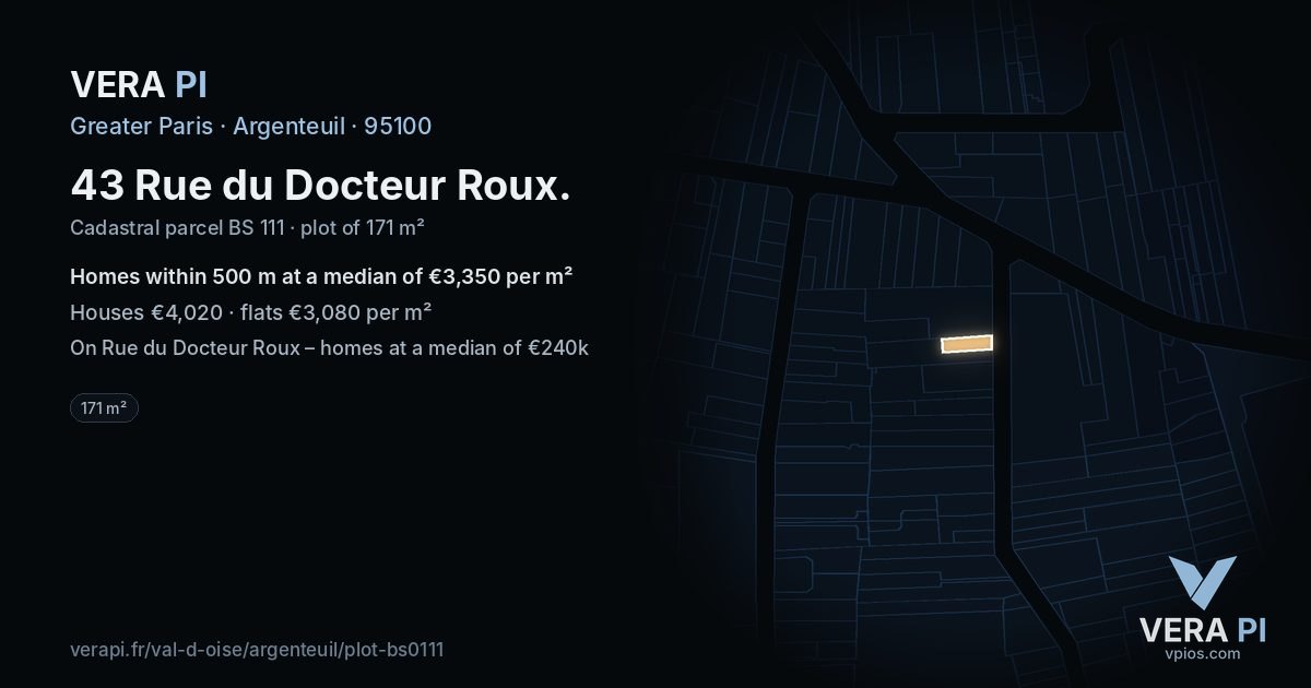 43 Rue du Docteur Roux, Argenteuil at night – the plot lit, the parcels around coloured by the prices near them