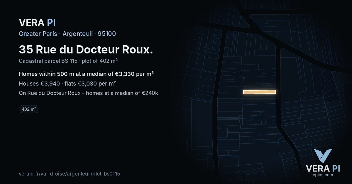 35 Rue du Docteur Roux, Argenteuil at night – the plot lit, the parcels around coloured by the prices near them