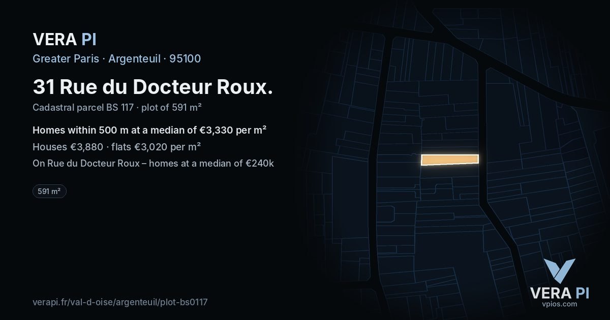 31 Rue du Docteur Roux, Argenteuil at night – the plot lit, the parcels around coloured by the prices near them