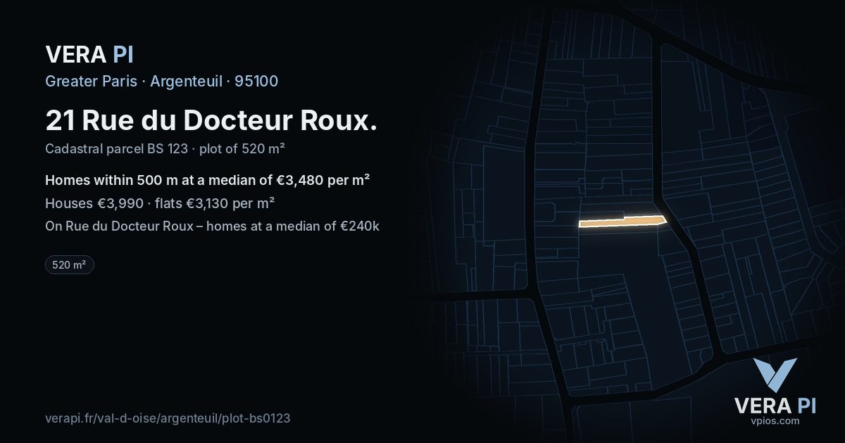 21 Rue du Docteur Roux, Argenteuil at night – the plot lit, the parcels around coloured by the prices near them