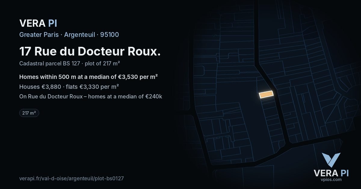 17 Rue du Docteur Roux, Argenteuil at night – the plot lit, the parcels around coloured by the prices near them