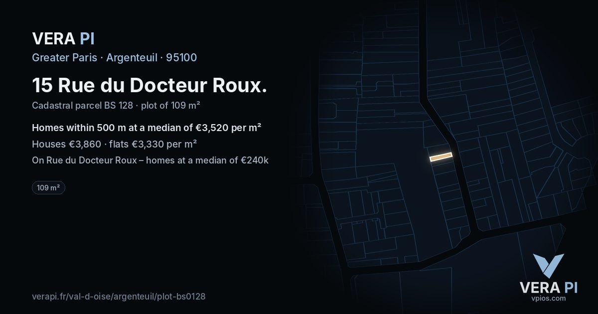15 Rue du Docteur Roux, Argenteuil at night – the plot lit, the parcels around coloured by the prices near them