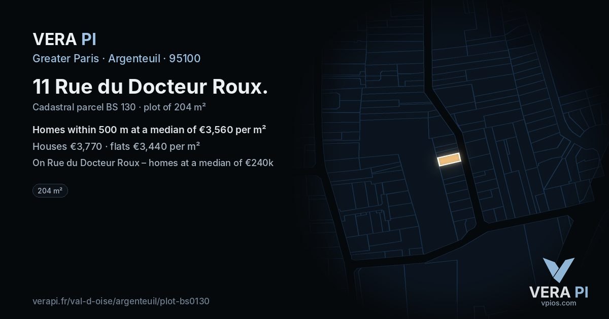 11 Rue du Docteur Roux, Argenteuil at night – the plot lit, the parcels around coloured by the prices near them