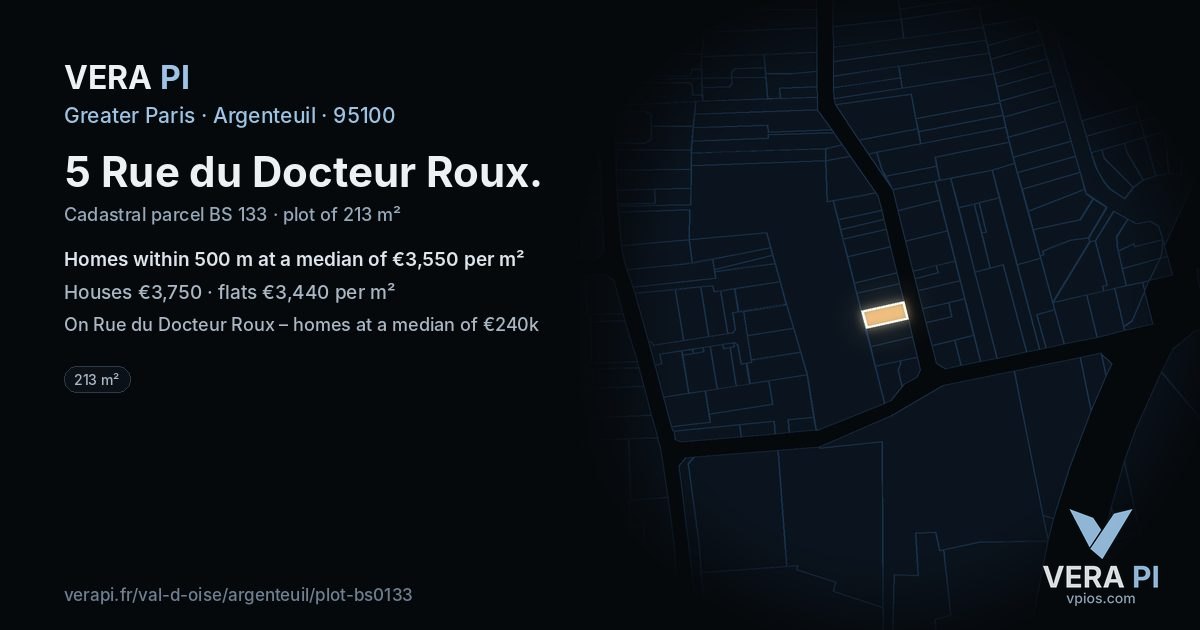 5 Rue du Docteur Roux, Argenteuil at night – the plot lit, the parcels around coloured by the prices near them