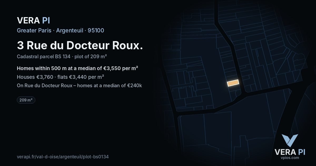 3 Rue du Docteur Roux, Argenteuil at night – the plot lit, the parcels around coloured by the prices near them