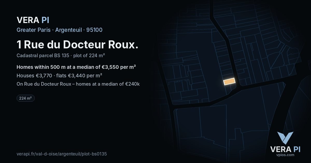 1 Rue du Docteur Roux, Argenteuil at night – the plot lit, the parcels around coloured by the prices near them