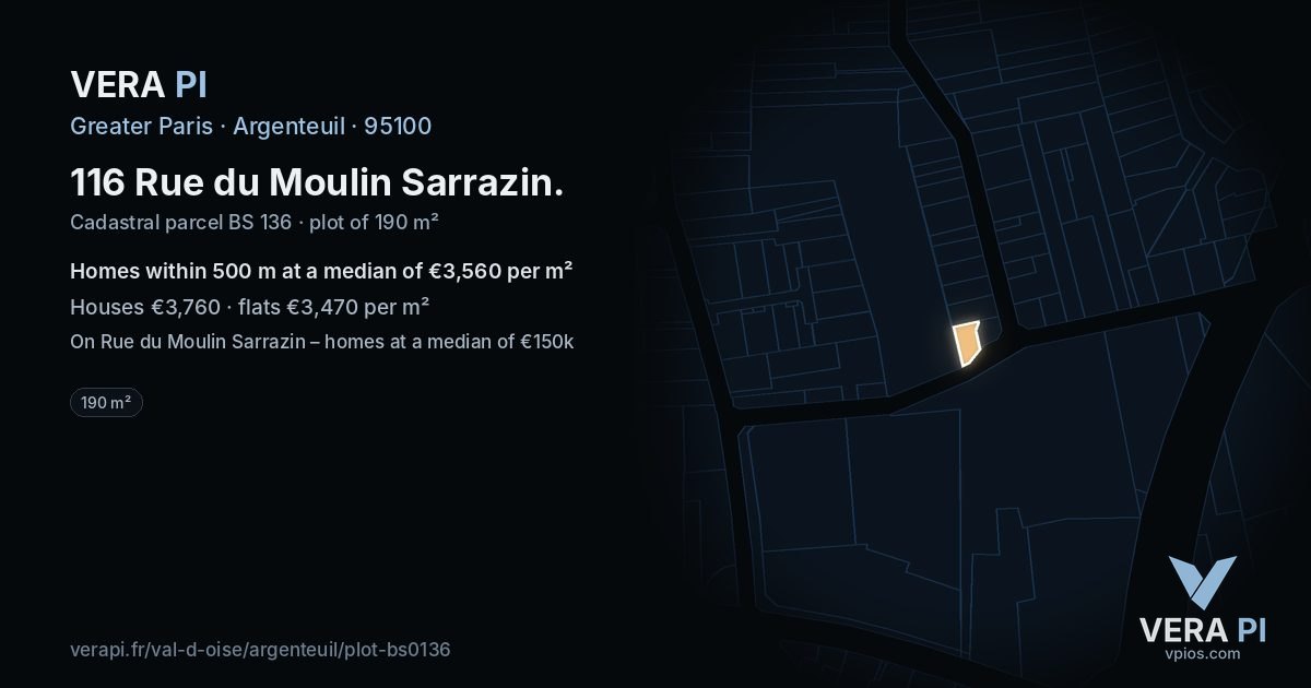 116 Rue du Moulin Sarrazin, Argenteuil at night – the plot lit, the parcels around coloured by the prices near them