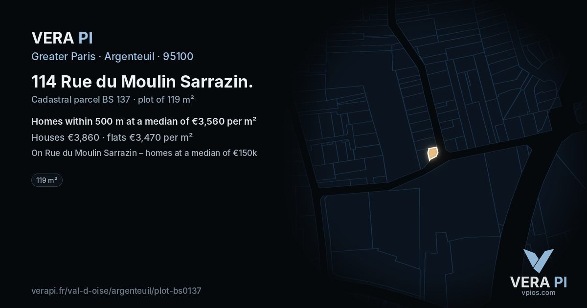 114 Rue du Moulin Sarrazin, Argenteuil at night – the plot lit, the parcels around coloured by the prices near them