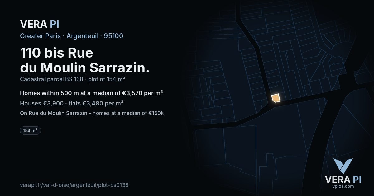 110 bis Rue du Moulin Sarrazin, Argenteuil at night – the plot lit, the parcels around coloured by the prices near them
