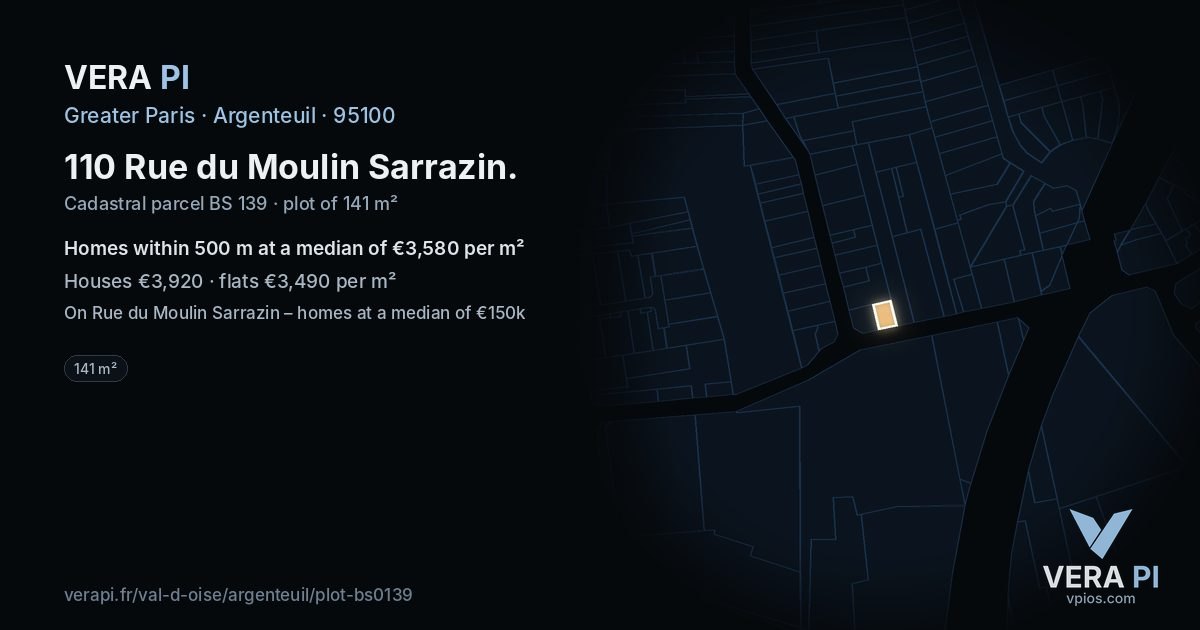 110 Rue du Moulin Sarrazin, Argenteuil at night – the plot lit, the parcels around coloured by the prices near them