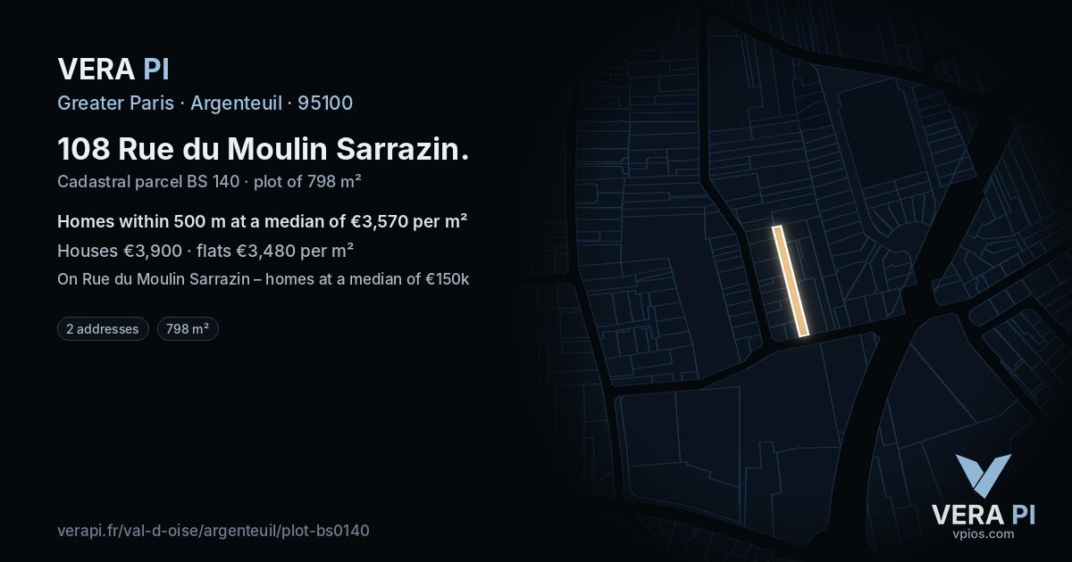 108 Rue du Moulin Sarrazin, Argenteuil at night – the plot lit, the parcels around coloured by the prices near them