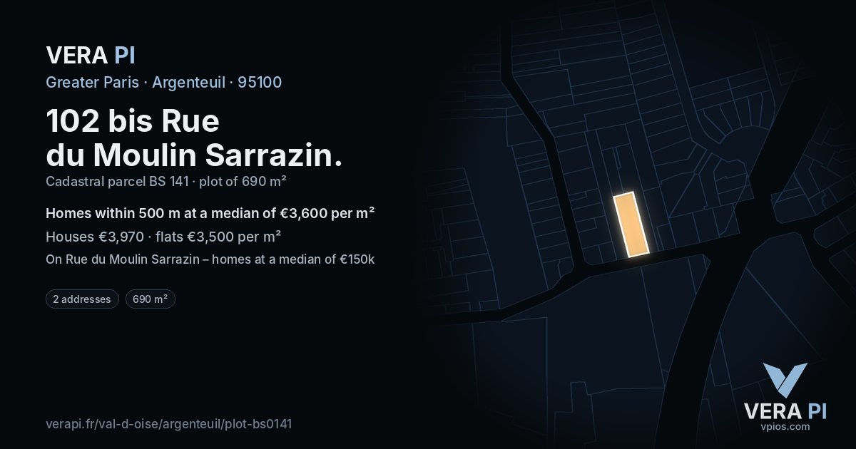 102 bis Rue du Moulin Sarrazin, Argenteuil at night – the plot lit, the parcels around coloured by the prices near them