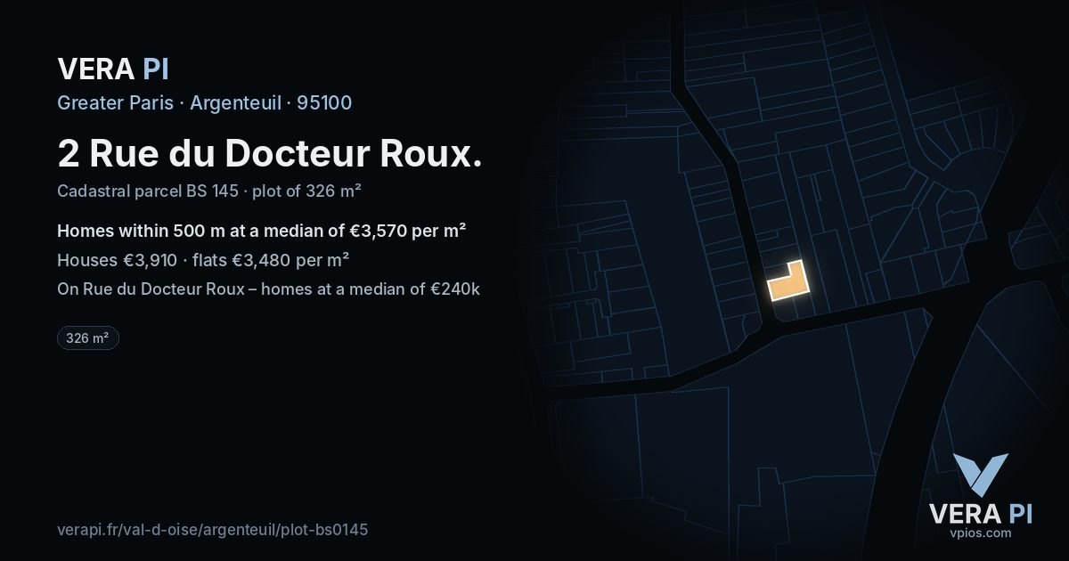 2 Rue du Docteur Roux, Argenteuil at night – the plot lit, the parcels around coloured by the prices near them