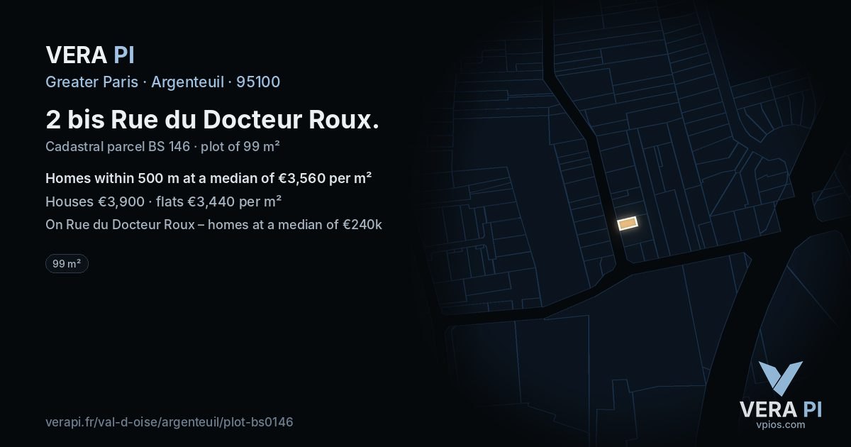 2 bis Rue du Docteur Roux, Argenteuil at night – the plot lit, the parcels around coloured by the prices near them