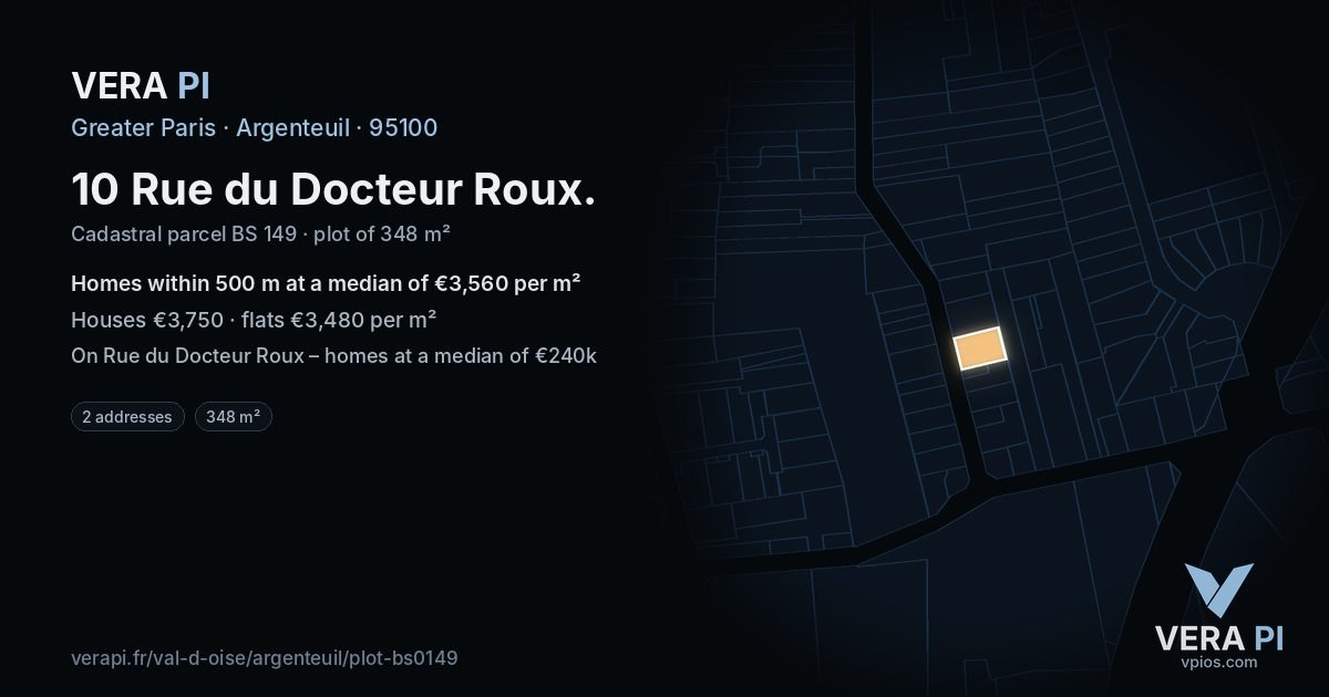 10 Rue du Docteur Roux, Argenteuil at night – the plot lit, the parcels around coloured by the prices near them