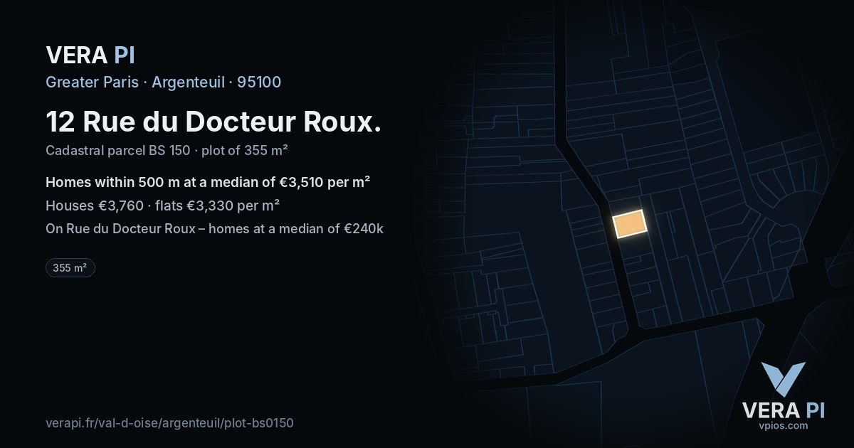 12 Rue du Docteur Roux, Argenteuil at night – the plot lit, the parcels around coloured by the prices near them