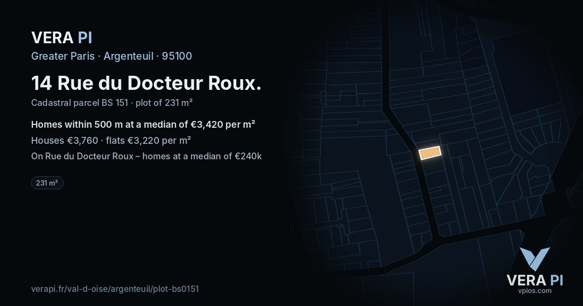 14 Rue du Docteur Roux, Argenteuil at night – the plot lit, the parcels around coloured by the prices near them