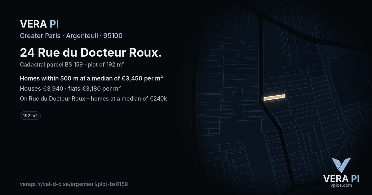 24 Rue du Docteur Roux, Argenteuil at night – the plot lit, the parcels around coloured by the prices near them