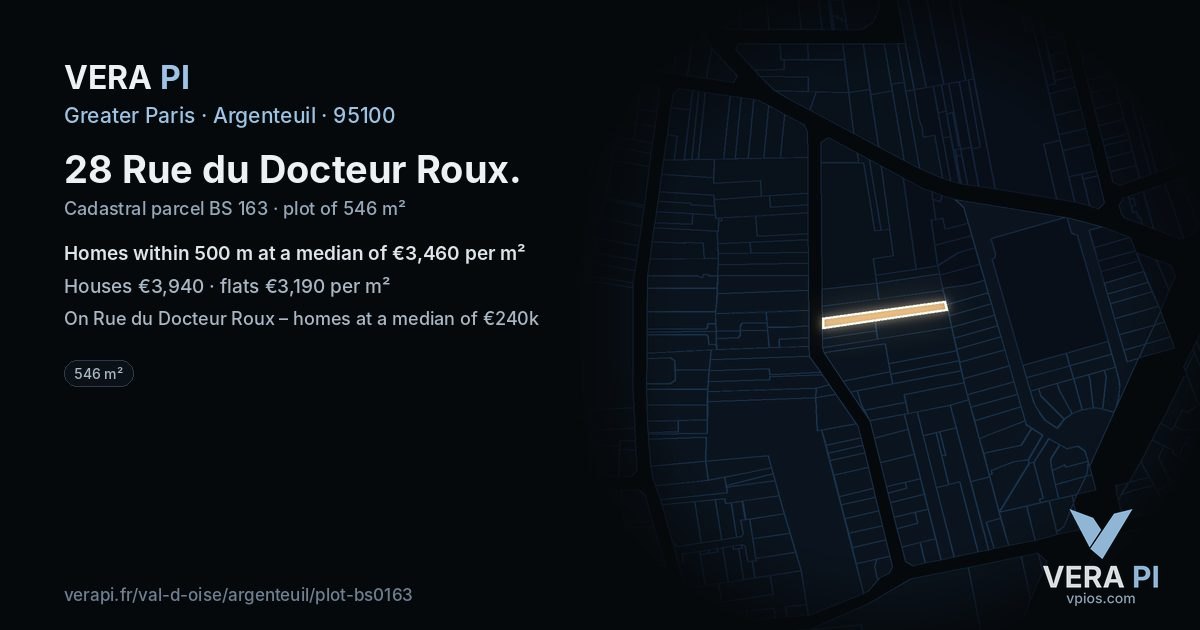 28 Rue du Docteur Roux, Argenteuil at night – the plot lit, the parcels around coloured by the prices near them