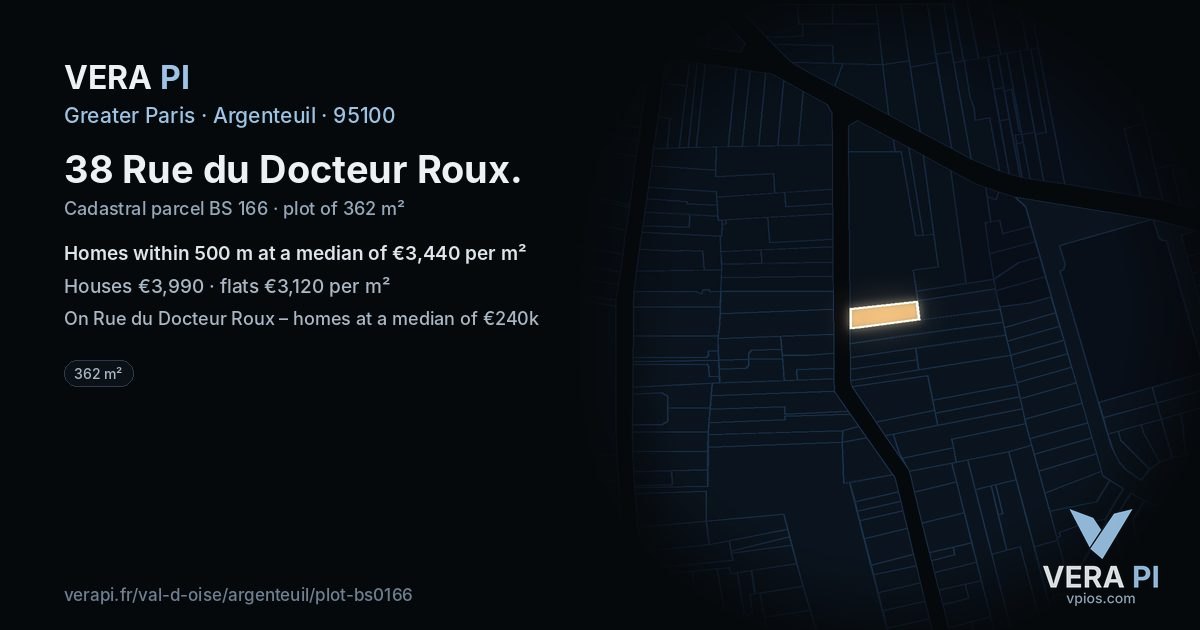 38 Rue du Docteur Roux, Argenteuil at night – the plot lit, the parcels around coloured by the prices near them