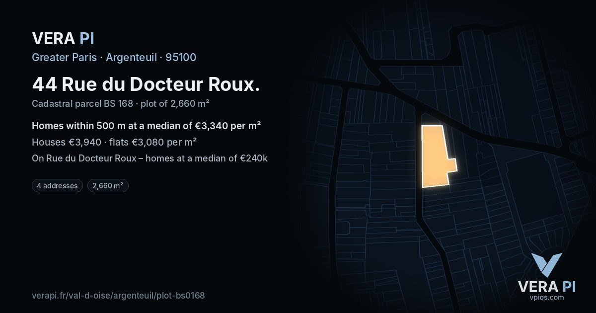44 Rue du Docteur Roux, Argenteuil at night – the plot lit, the parcels around coloured by the prices near them