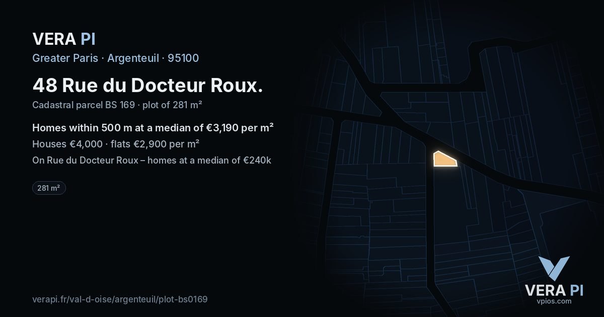 48 Rue du Docteur Roux, Argenteuil at night – the plot lit, the parcels around coloured by the prices near them