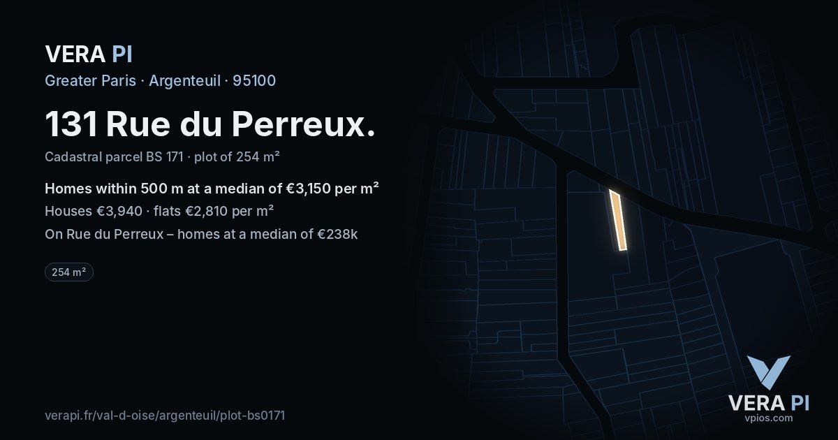 131 Rue du Perreux, Argenteuil at night – the plot lit, the parcels around coloured by the prices near them