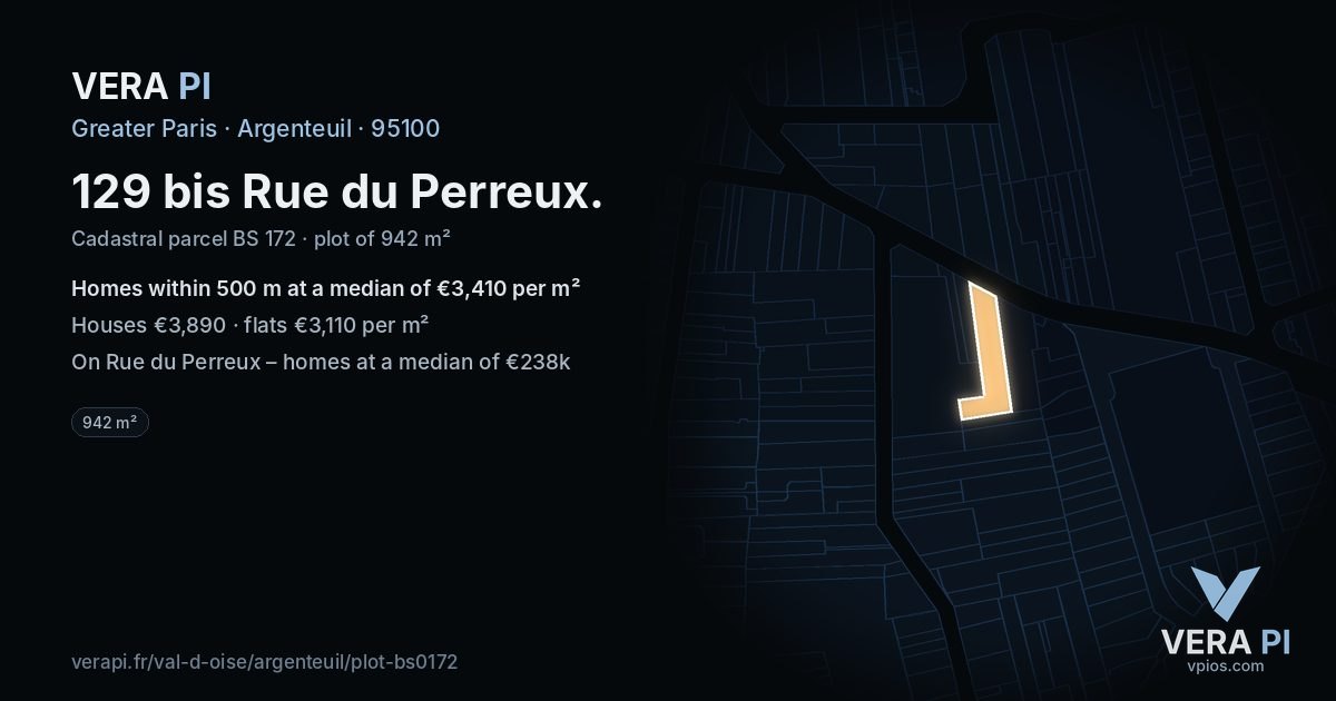 129 bis Rue du Perreux, Argenteuil at night – the plot lit, the parcels around coloured by the prices near them