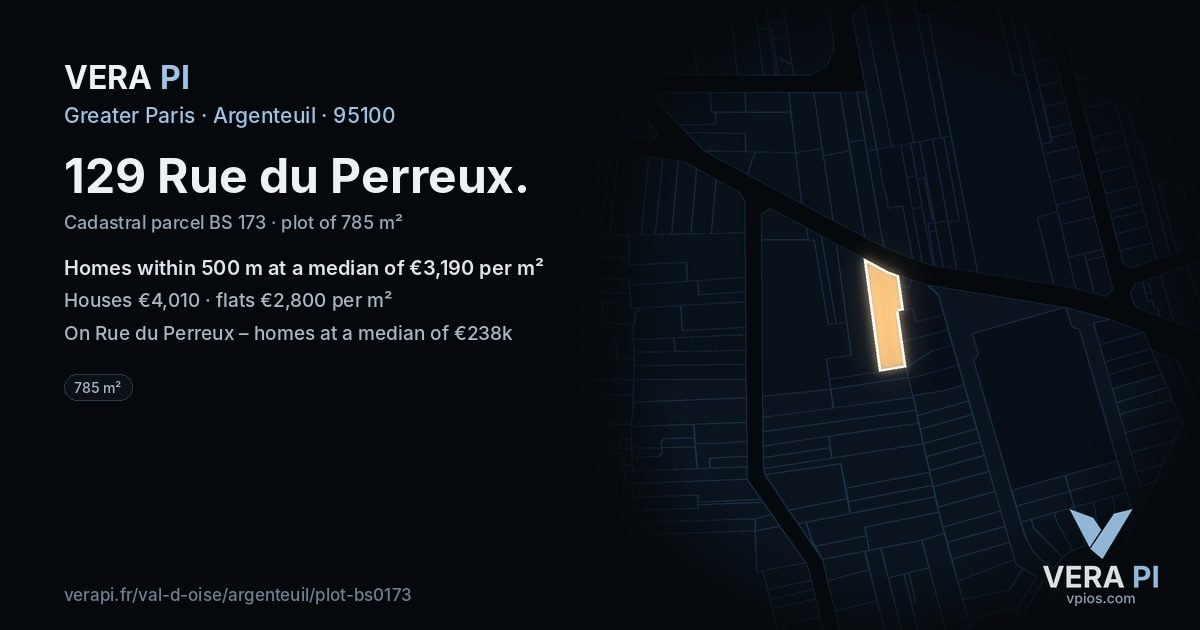 129 Rue du Perreux, Argenteuil at night – the plot lit, the parcels around coloured by the prices near them