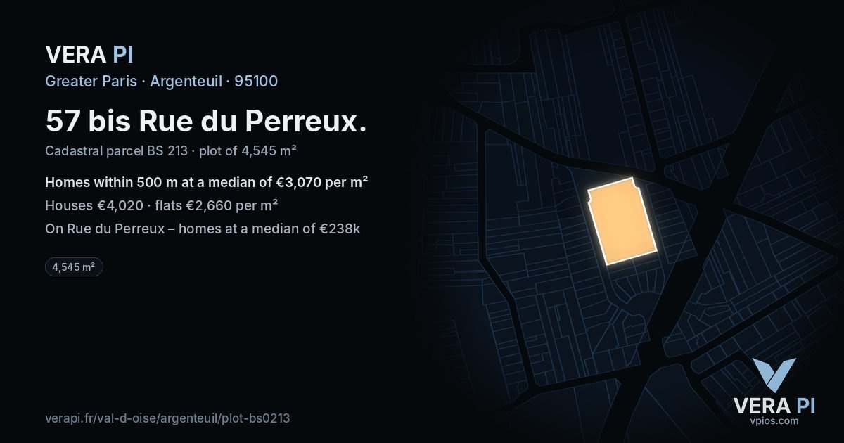 57 bis Rue du Perreux, Argenteuil at night – the plot lit, the parcels around coloured by the prices near them